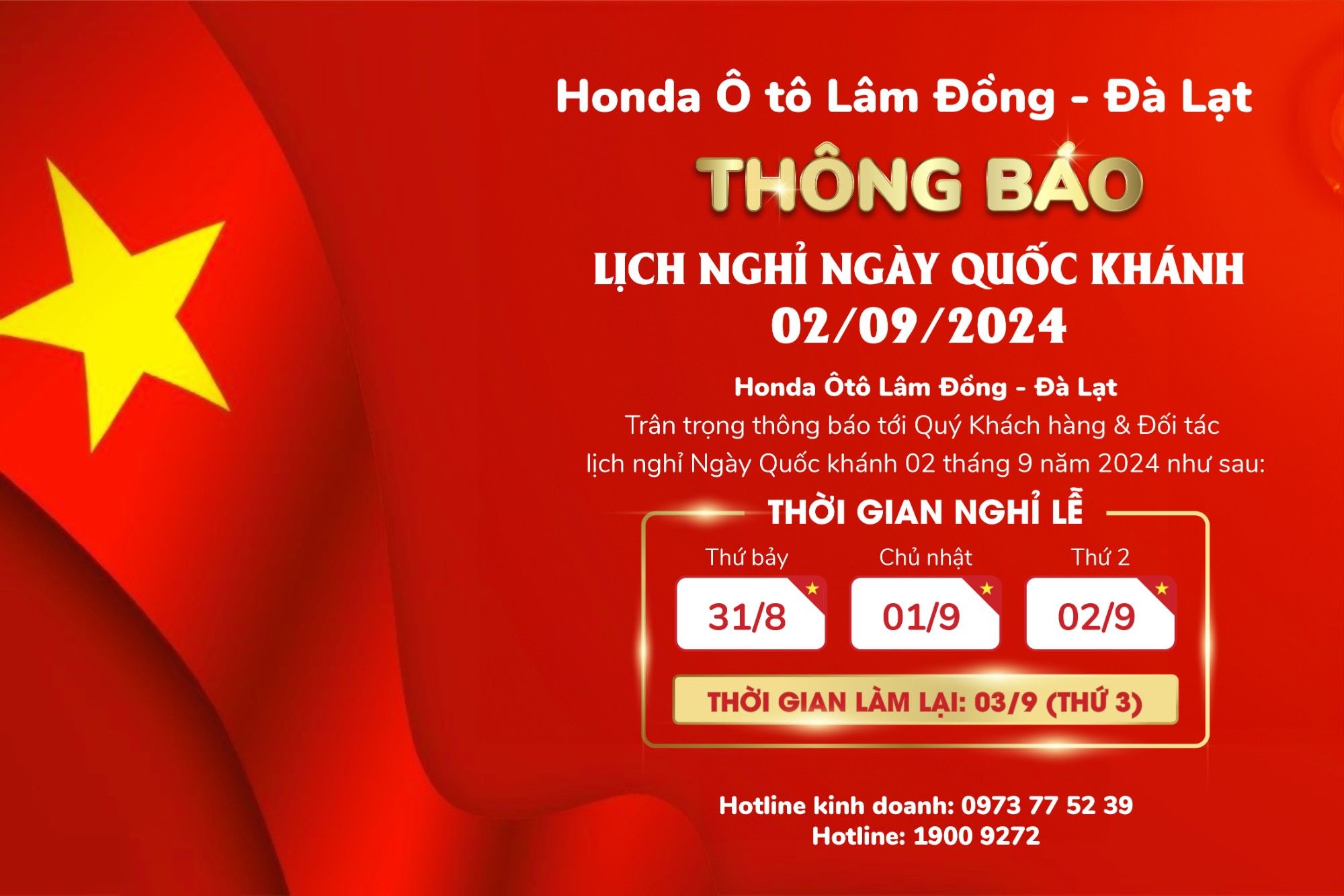 Thông báo lịch nghĩ lễ Quốc khánh 2/9