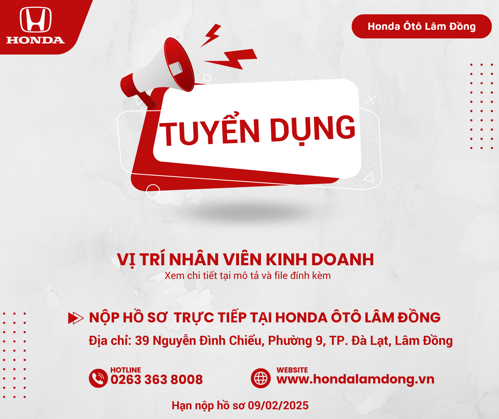 Việc làm Đà Lạt - Honda ÔTô Lâm Đồng  Thông Báo Tuyển Dụng