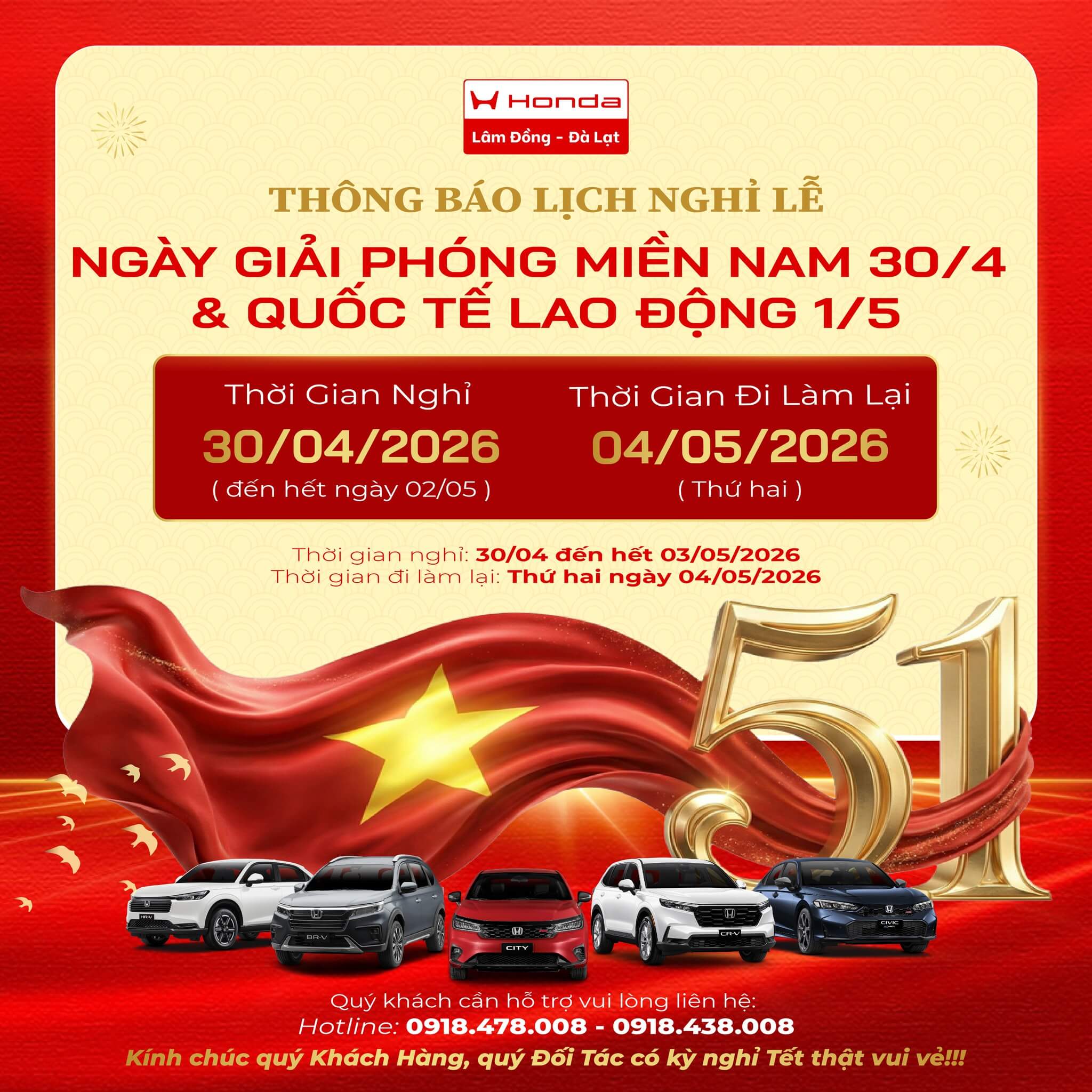Thời Gian Nghỉ Lễ 30/4 và 1/5 Honda Lâm Đồng